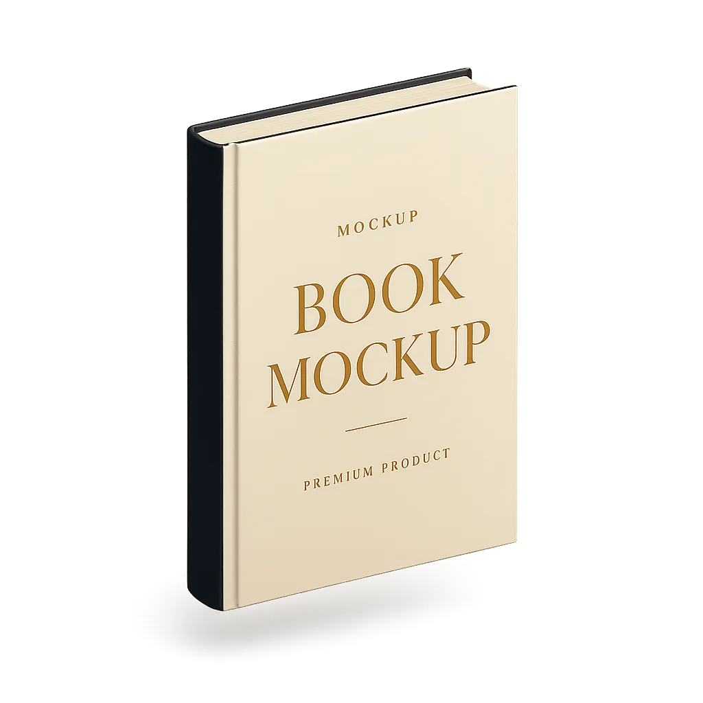 Manuscript E-Book Preview isometric 3D book mockup floating with soft gold foil title accents and realistic shadow