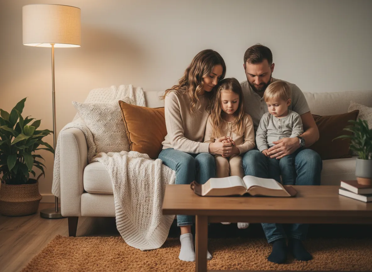Christian parents praying with their children in a cozy living room