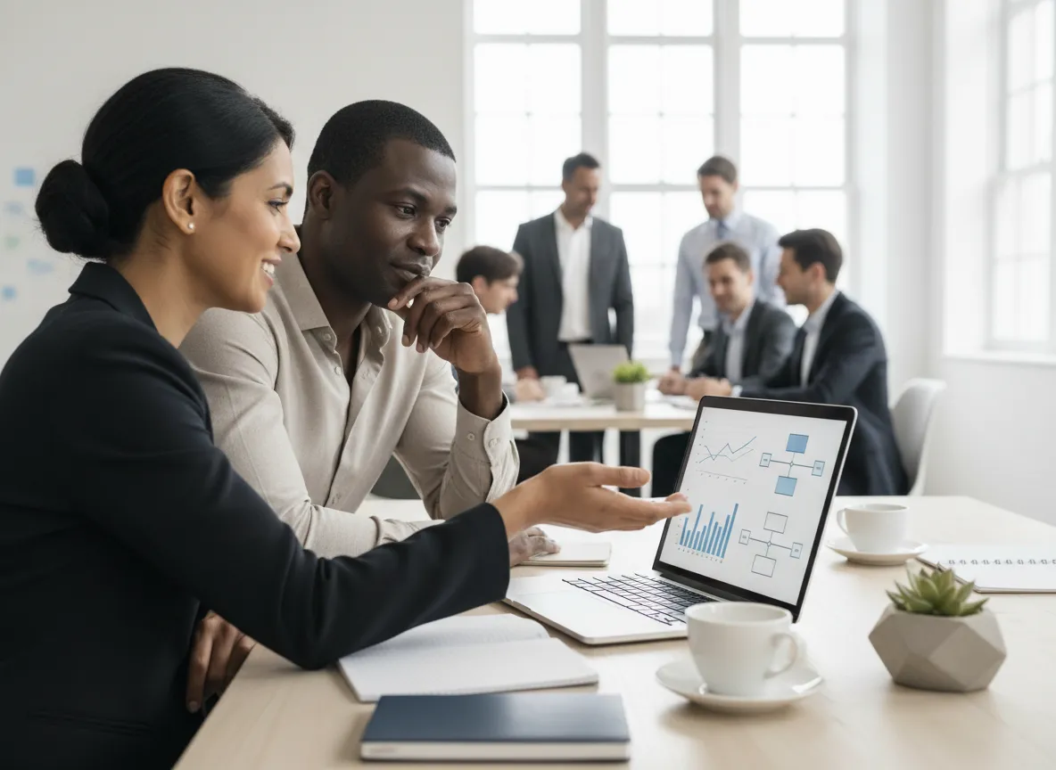 Small business owner reviewing AI-powered dashboards with consultant