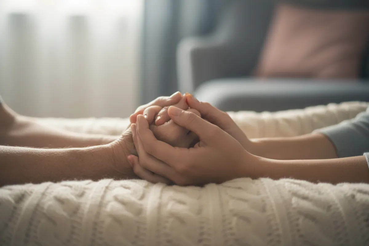 Gentle hands resting in prayer on a soft surface, with a muted background, conveying serenity and devotion.