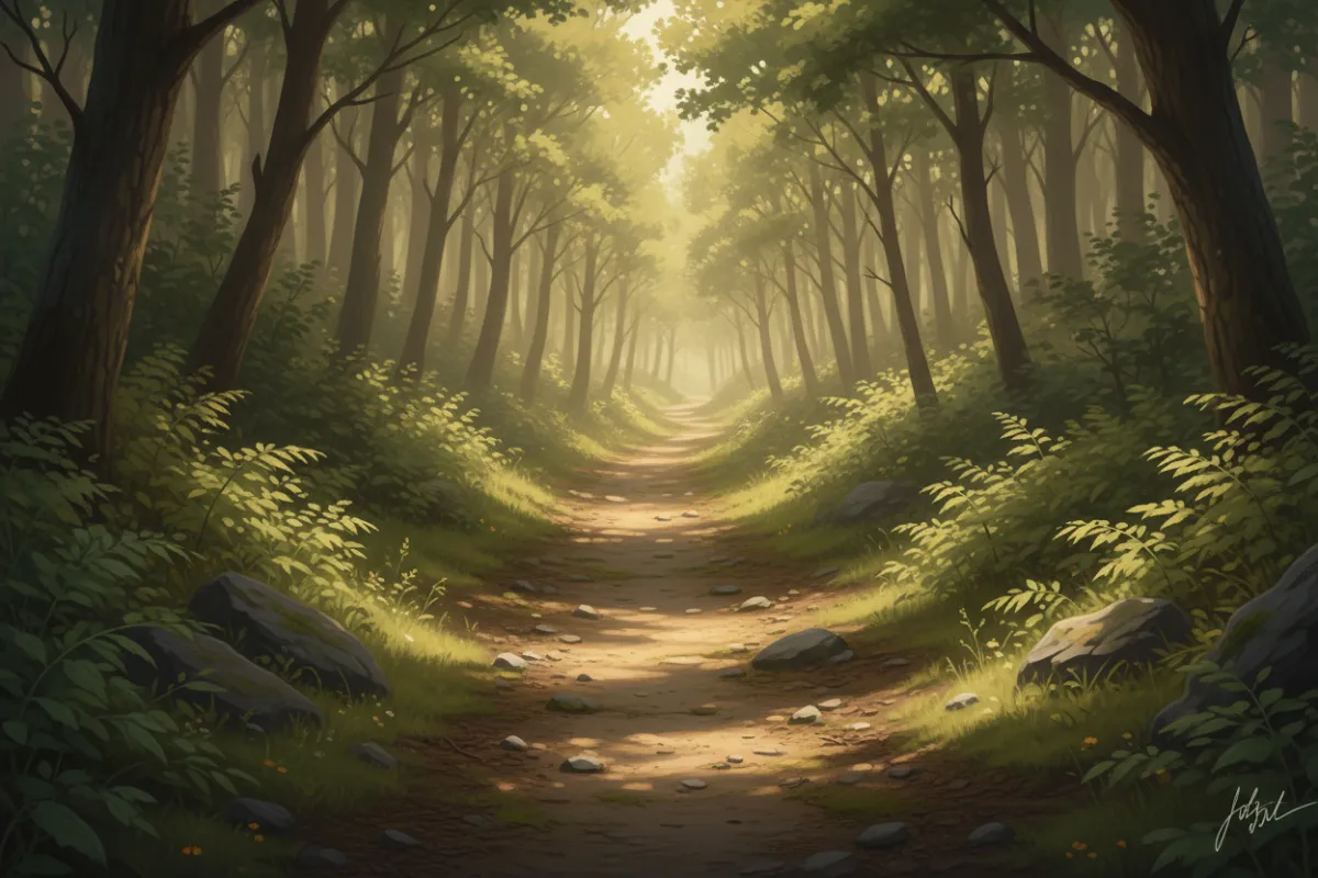 A winding forest path with dappled sunlight, symbolizing a spiritual journey, surrounded by soft green foliage.