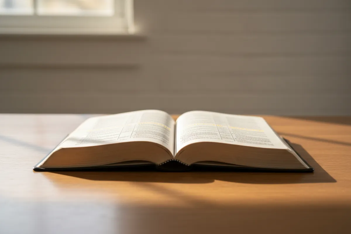 An open Bible with softly highlighted verses, resting on a wooden table, bathed in gentle morning light.