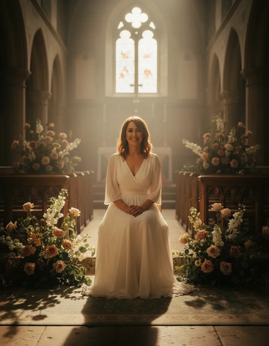 A heartfelt, warm framed photo of a mother and child inside a beautifully lit sanctuary