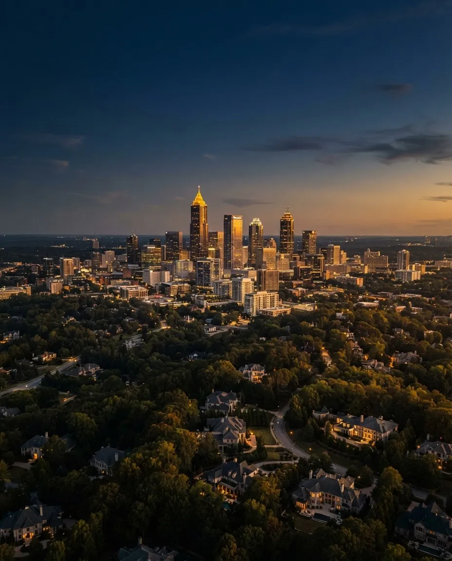 Atmospheric architectural view of Metro Atlanta landscape and surrounding luxury communities
