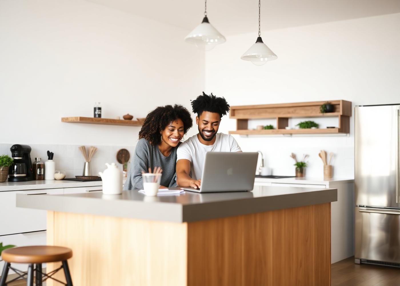 Happy couple working together at home
