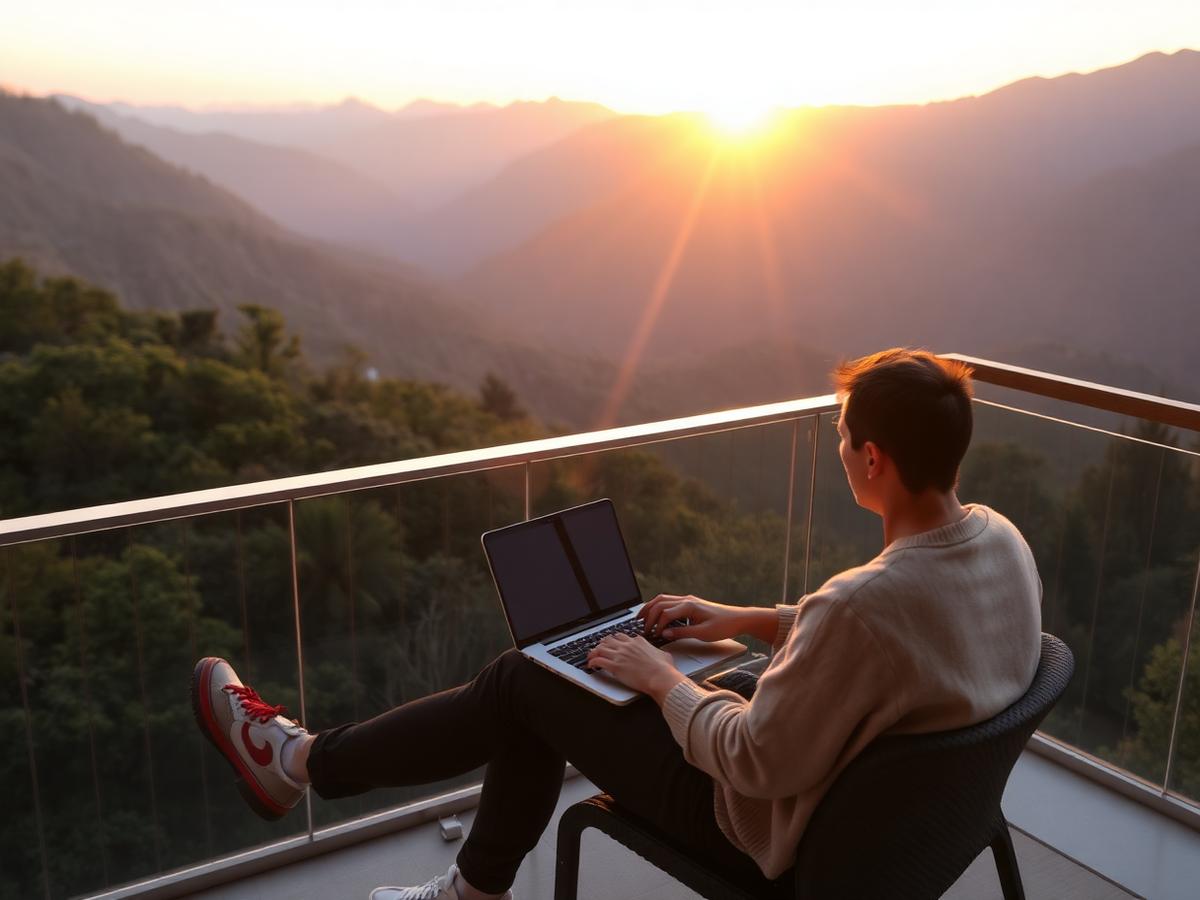 Person working on a laptop overlooking the mountains