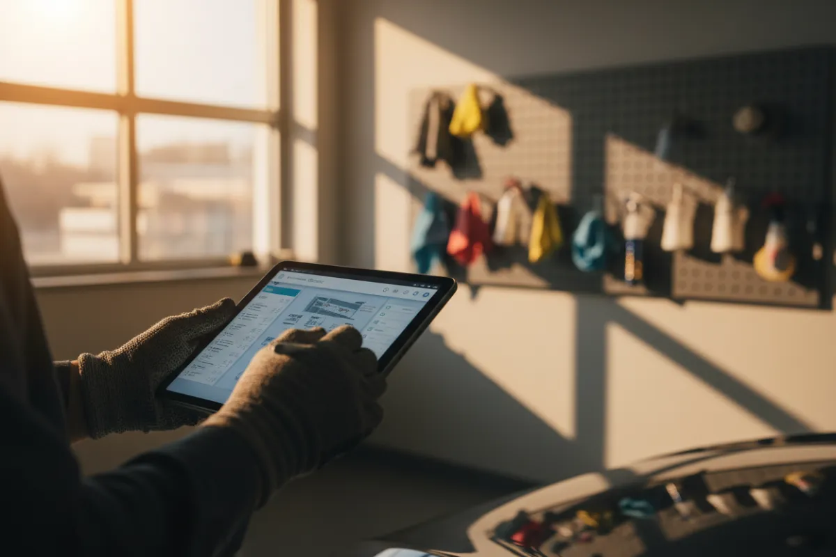 Technician using a tablet in a detailing bay with tools softly blurred in the background