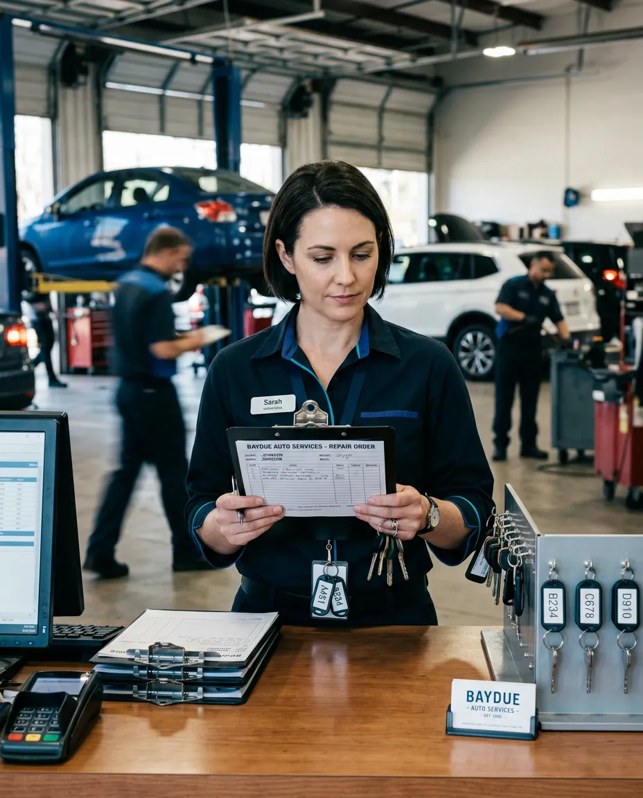 Busy automotive repair shop service counter with service advisor managing customer repair orders and vehicle keys