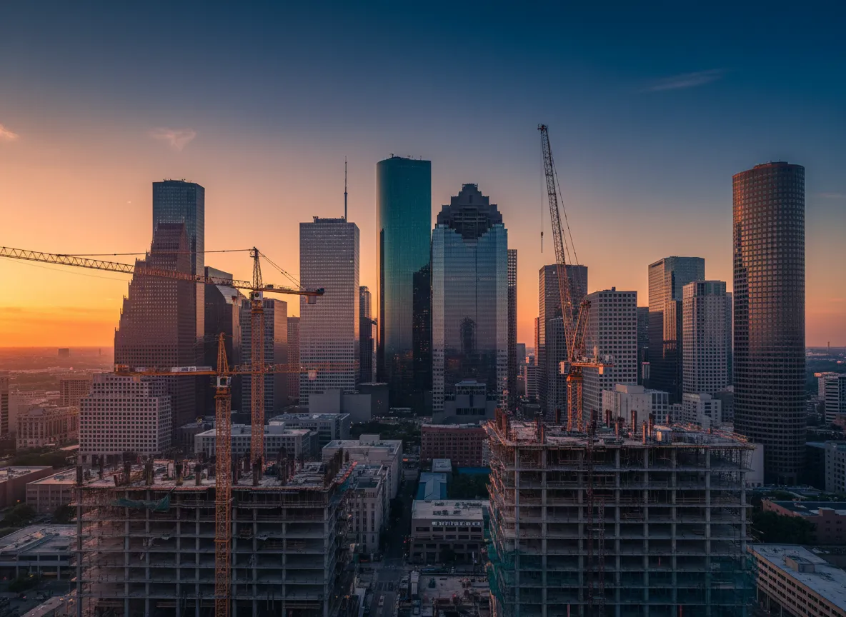 Houston skyline and construction cranes at sunset