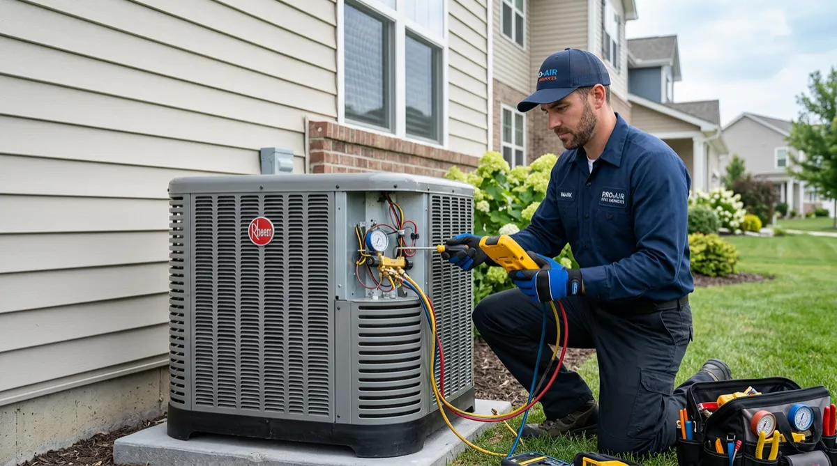 Male HVAC technician servicing an outdoor air conditioning unit
