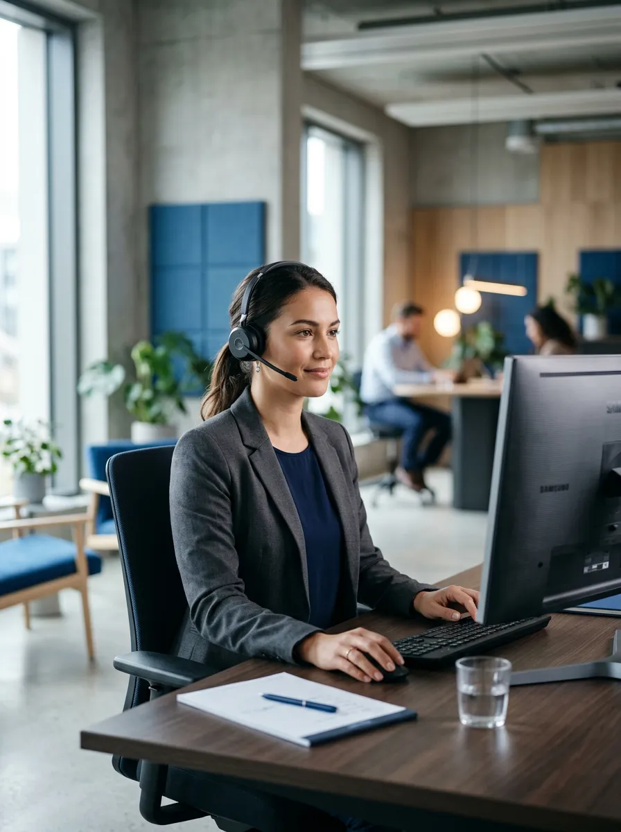 Photorealistic image of a professional HVAC office receptionist wearing a headset and working at a computer in a modern office with subtle blue tones