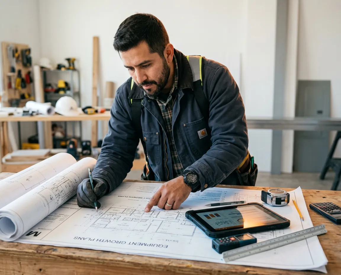 Commercial contractor reviewing trade project blueprints and equipment growth plans