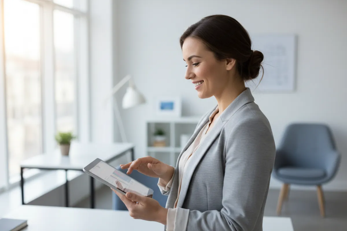 Confident woman using a tablet in a bright office.