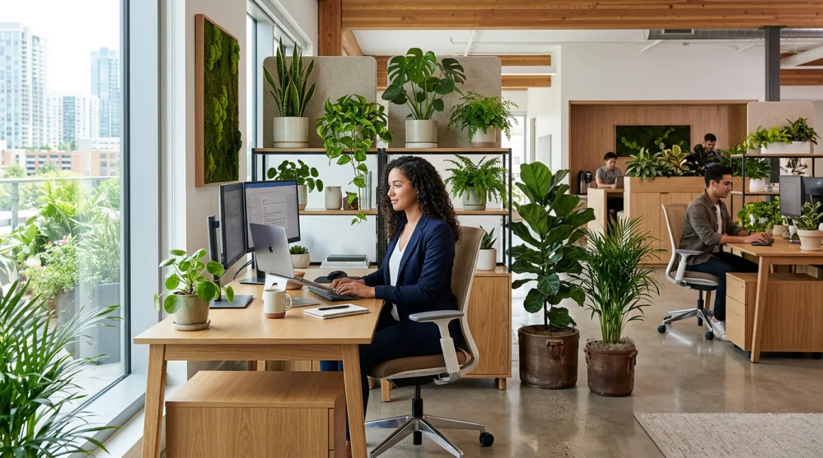 Biophilic interior workspace with plants