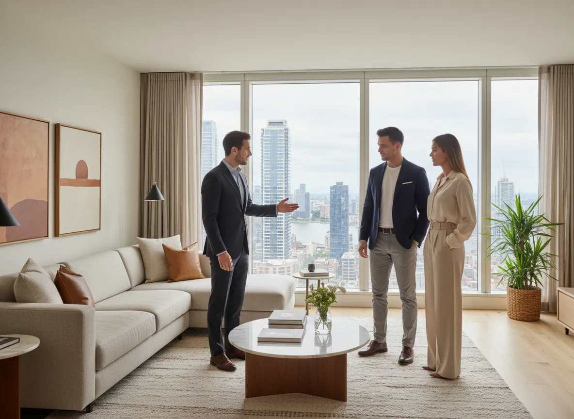 Asesor inmobiliario mostrando propiedad de lujo a una pareja