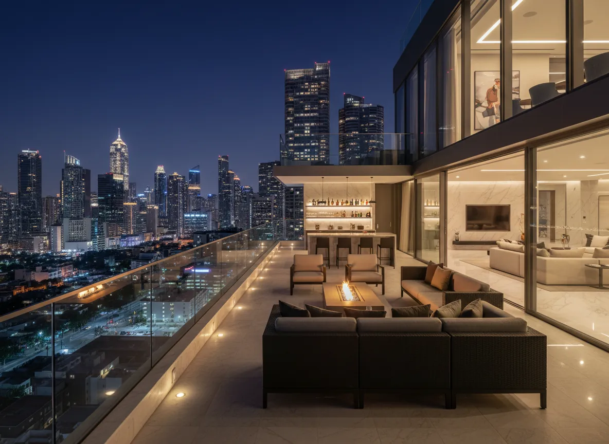 Penthouse con terraza y vista nocturna a la ciudad