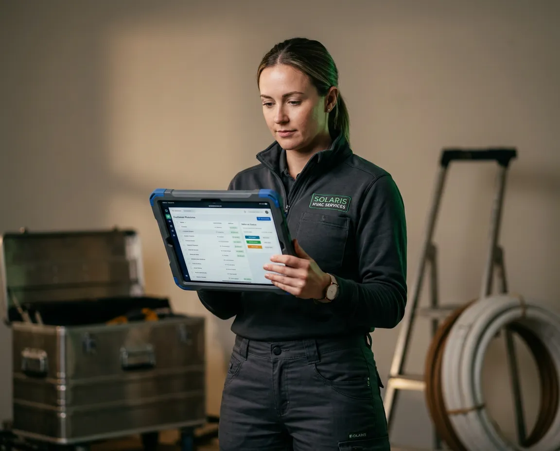 HVAC service technician using a digital tablet for automated customer referral follow-up