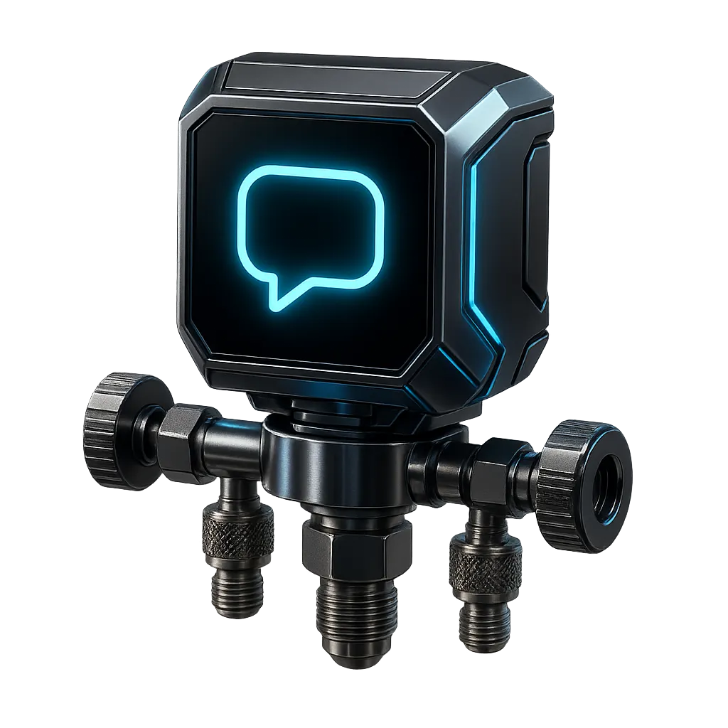 Futuristic AI answering module integrated with metallic HVAC manifold