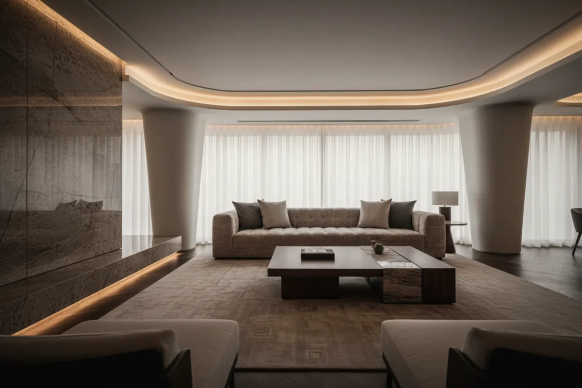 Premium atmospheric living room with mood lighting, wide view showing living space, no visible controls