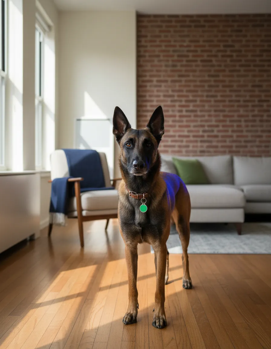 High-energy dog in a New York City apartment looking ready for a workout