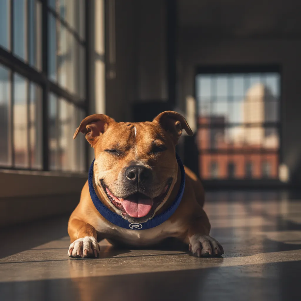 A dog visibly relaxed and genuinely exhausted after a workout