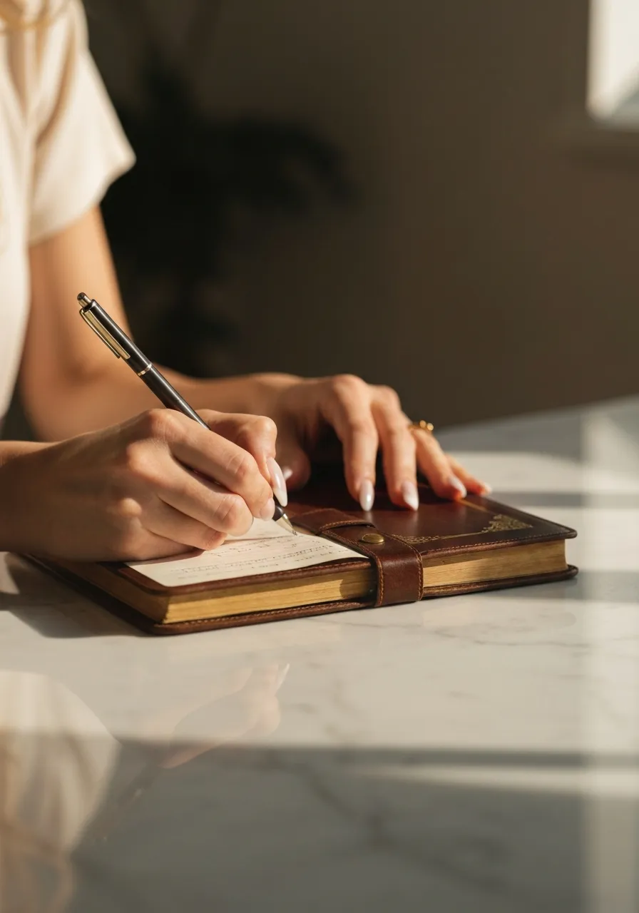 A beautiful, elegant aesthetic photo of a woman's hands writing in a leather journal on a clean marble desk