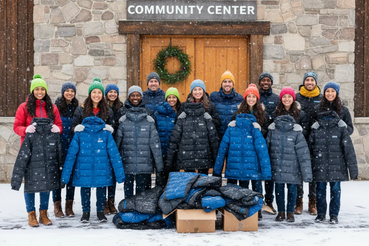 A diverse group of volunteers, bundled in colorful winter clothing, joyfully holding up new jackets in front of a community center with snow gently falling, representing unity and warmth.