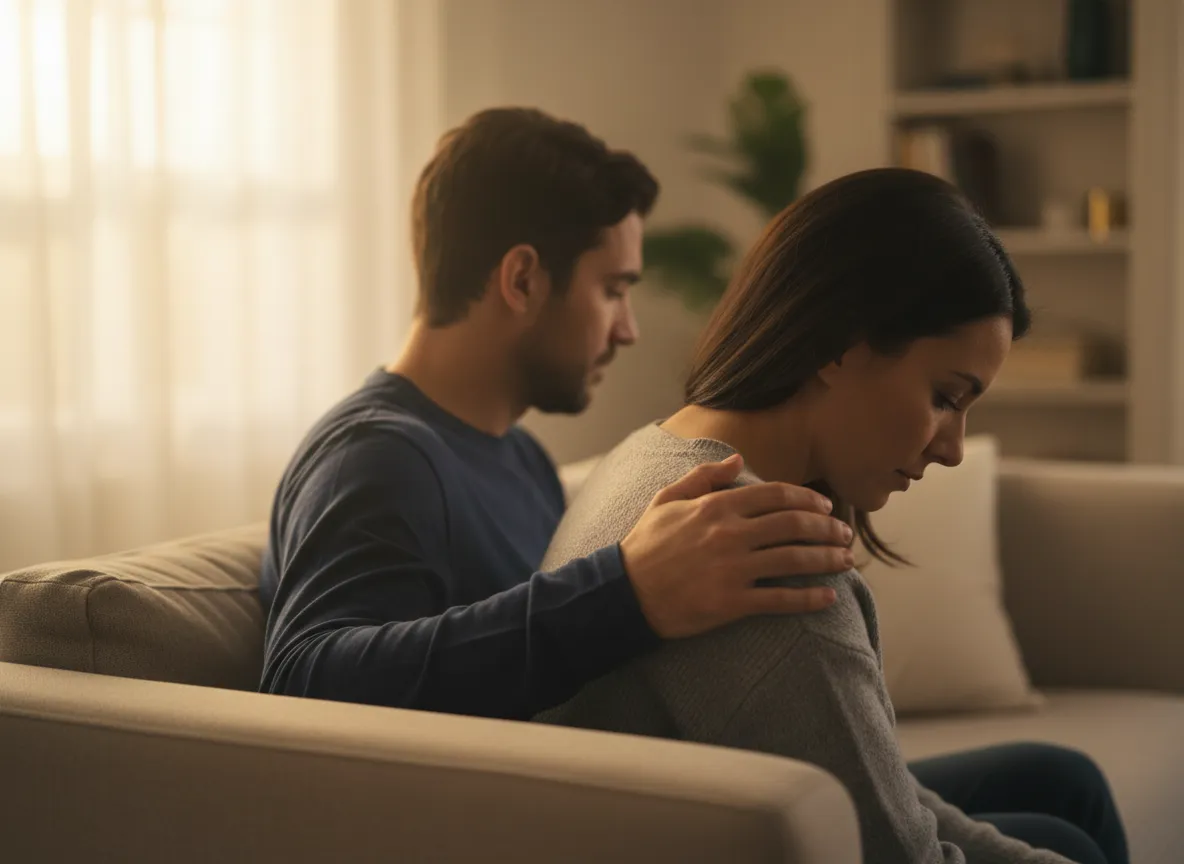 Person sitting quietly with supportive friend