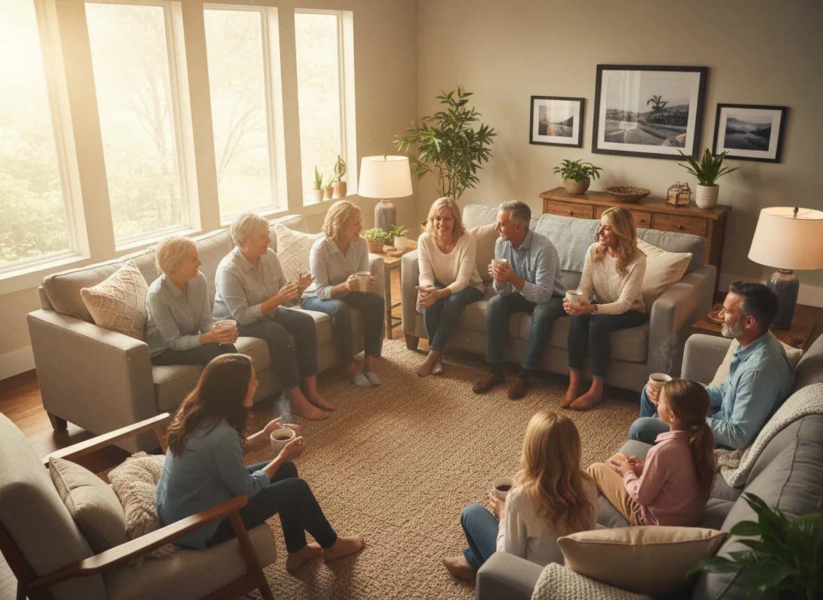 Families gathered together in a living room