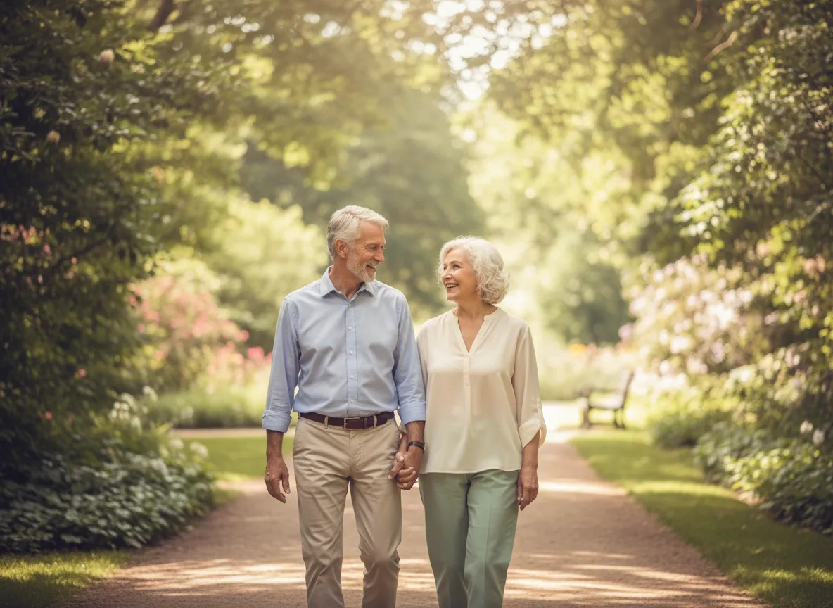 Smiling senior couple walking outdoors