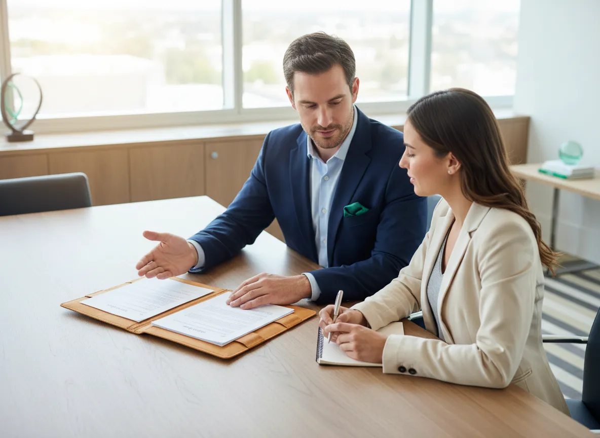 Legal professional reviewing documents with a client