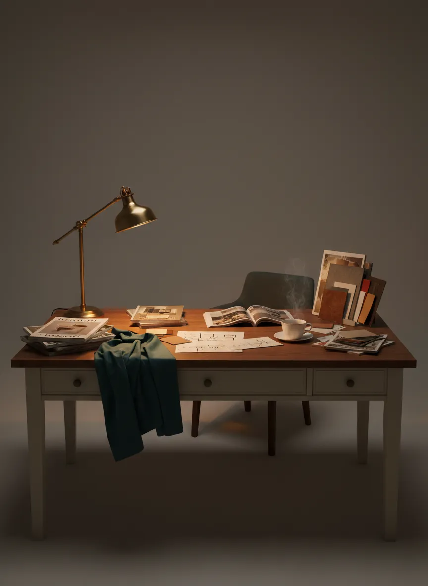 Warm editorial workspace with books, magazines, research notes, and the AC monogram