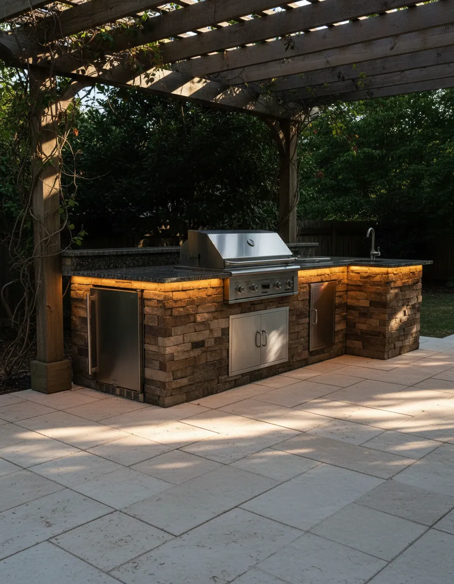 A beautiful custom BBQ island fully integrated into a backyard patio