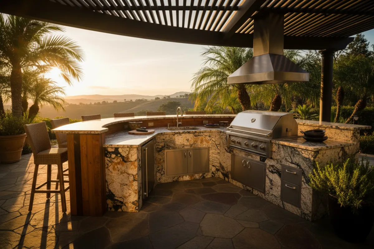 Patio around an outdoor kitchen and BBQ island