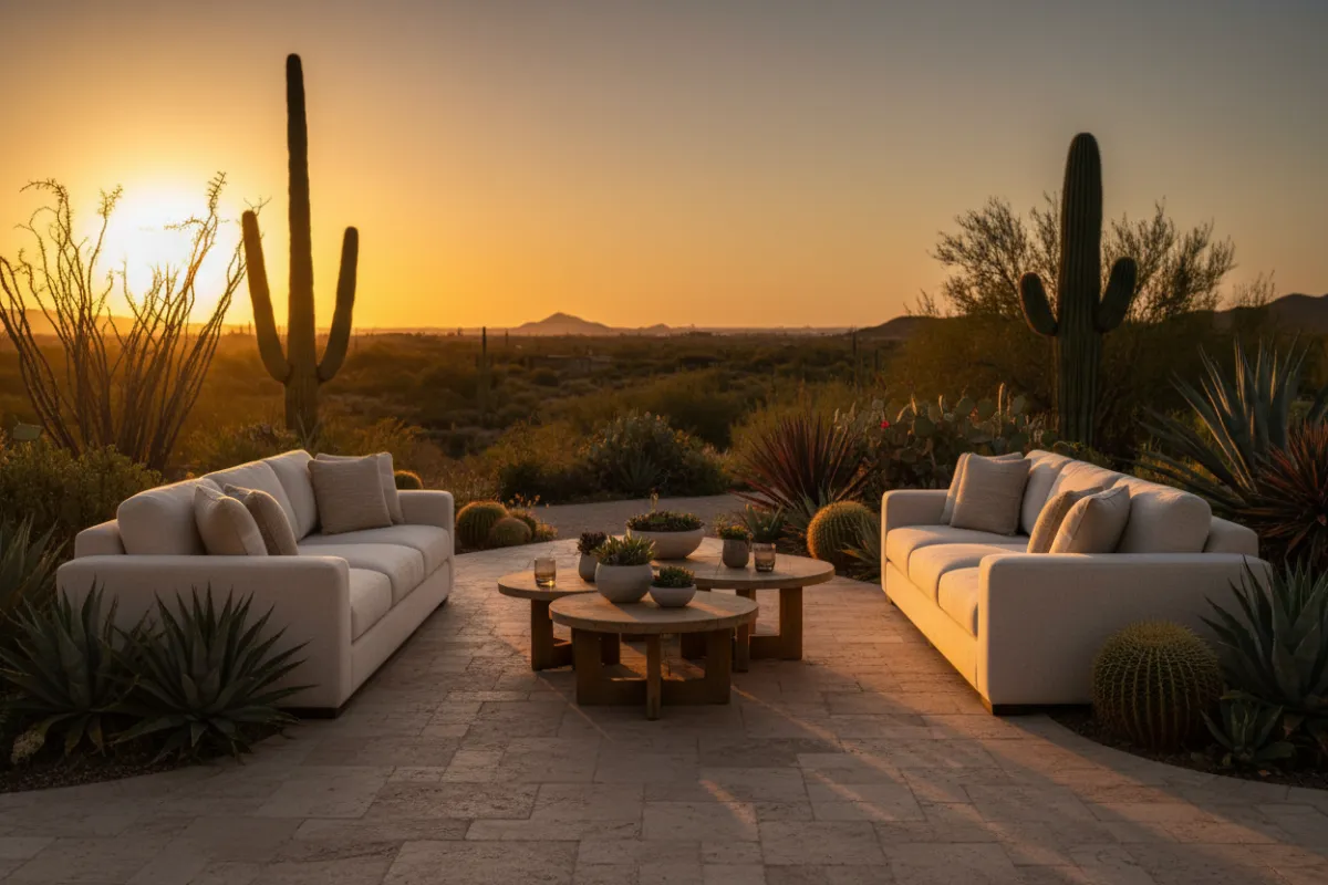 Backyard lounge patio with desert landscaping