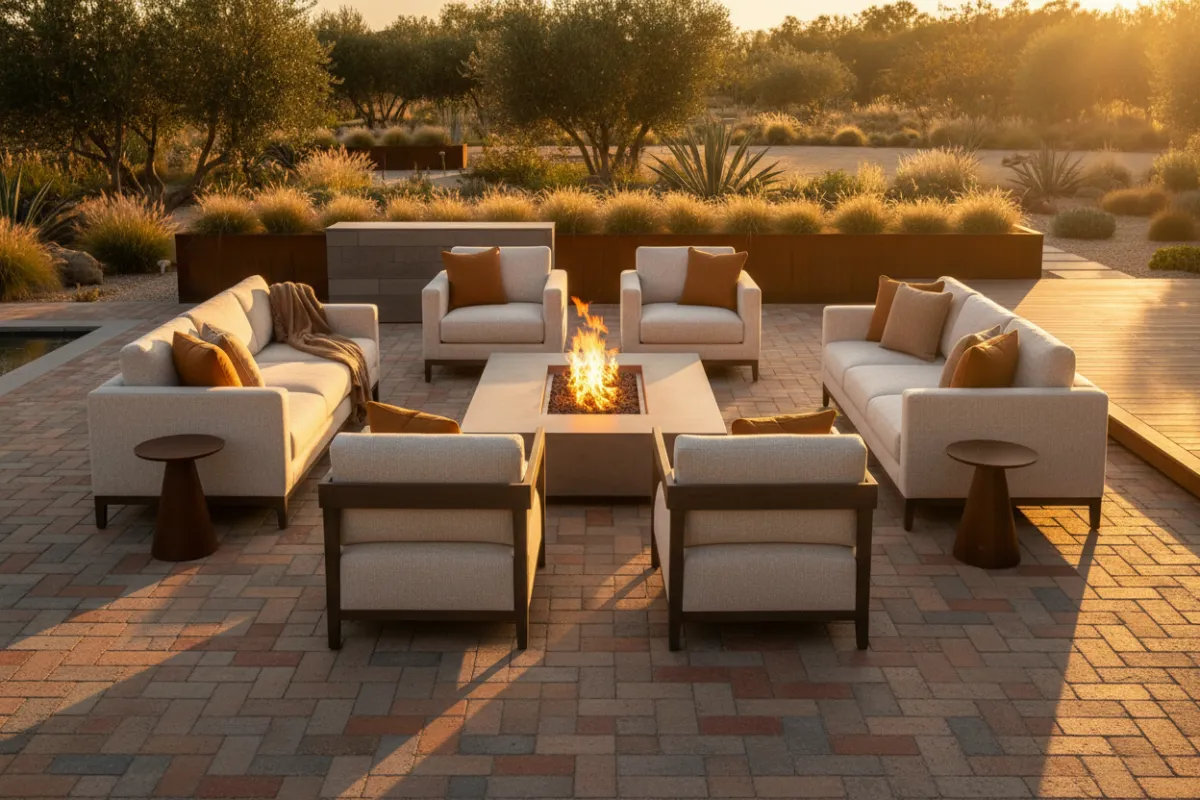 Patio with outdoor fire feature and seating
