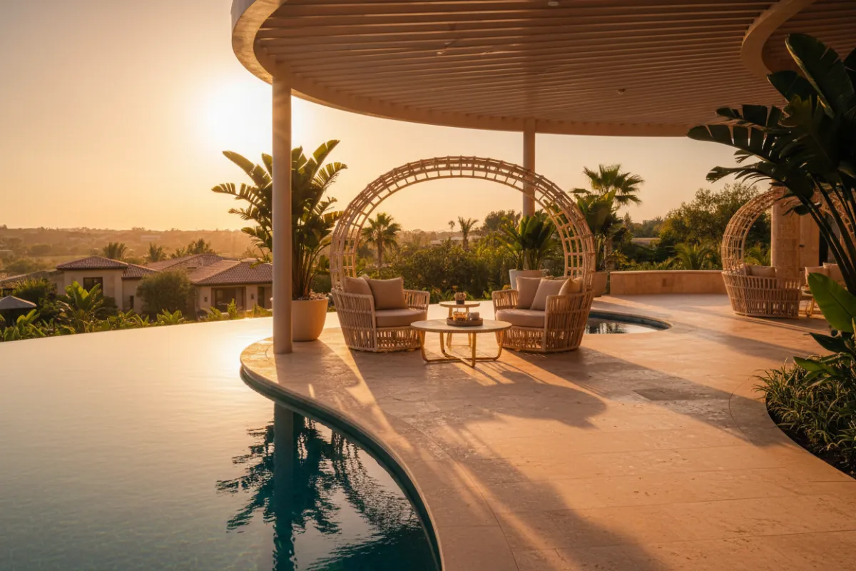 Poolside patio with shaded seating