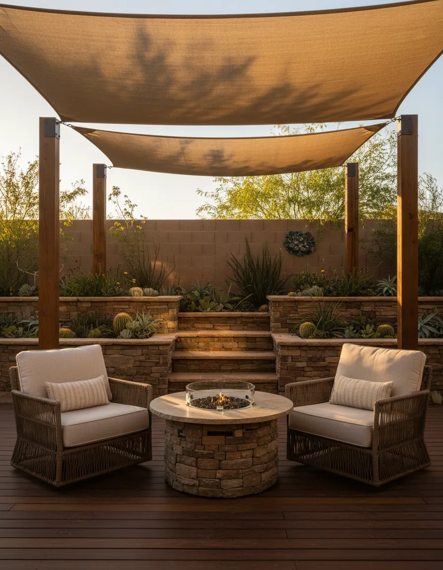 Custom patio design in a Lake Havasu backyard with seating and shade