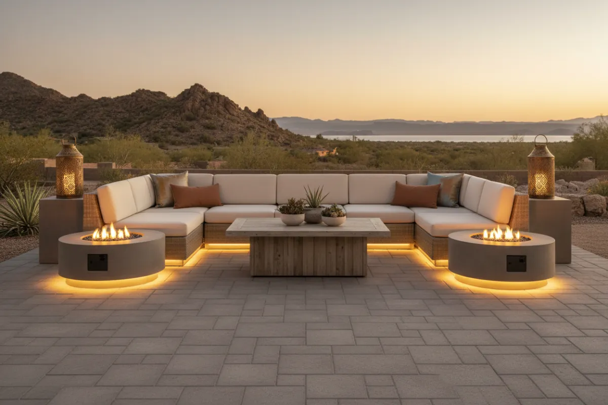 Custom patio seating area in a Lake Havasu backyard