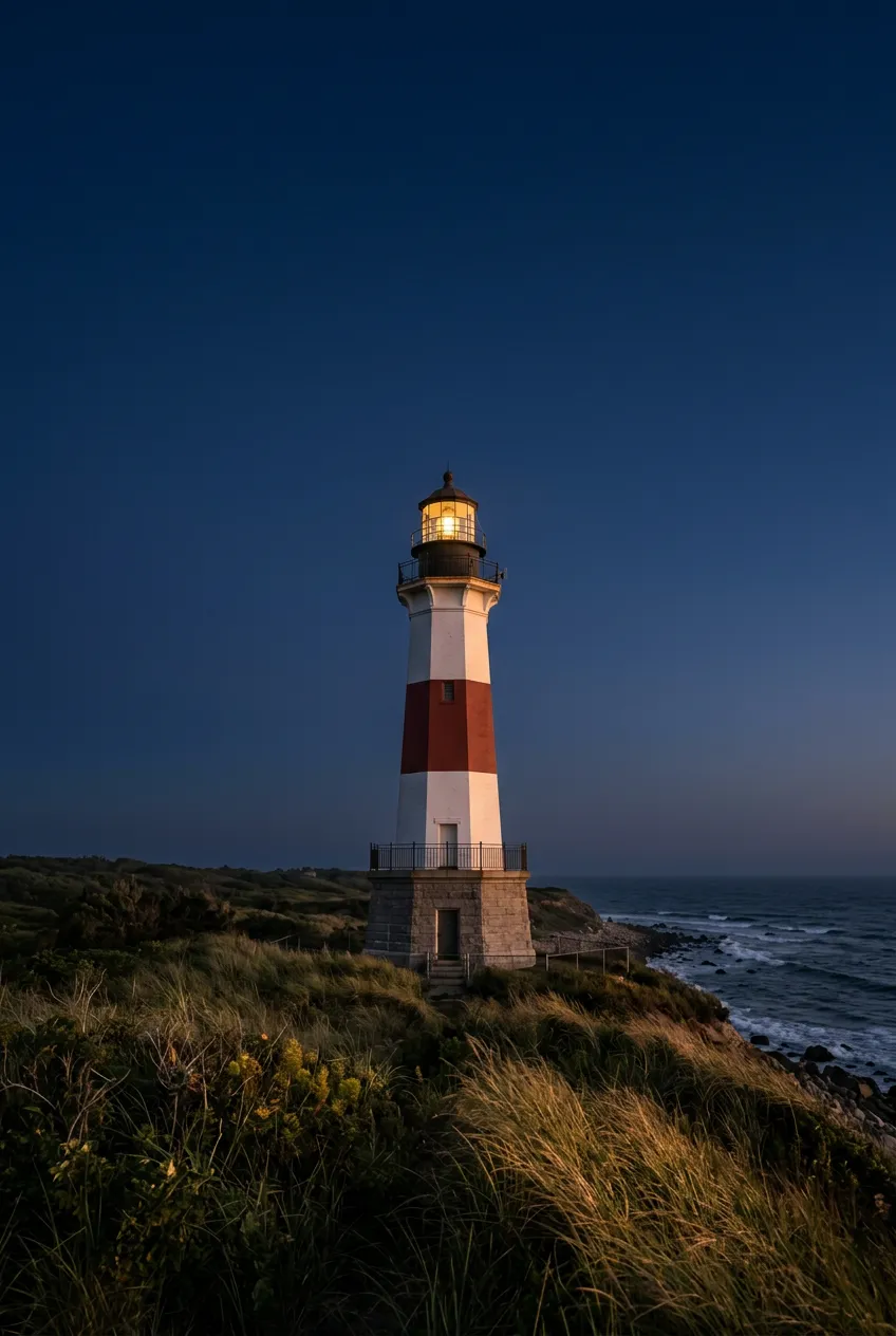Scenic Long Island coastline with historic Montauk style lighthouse at sunset