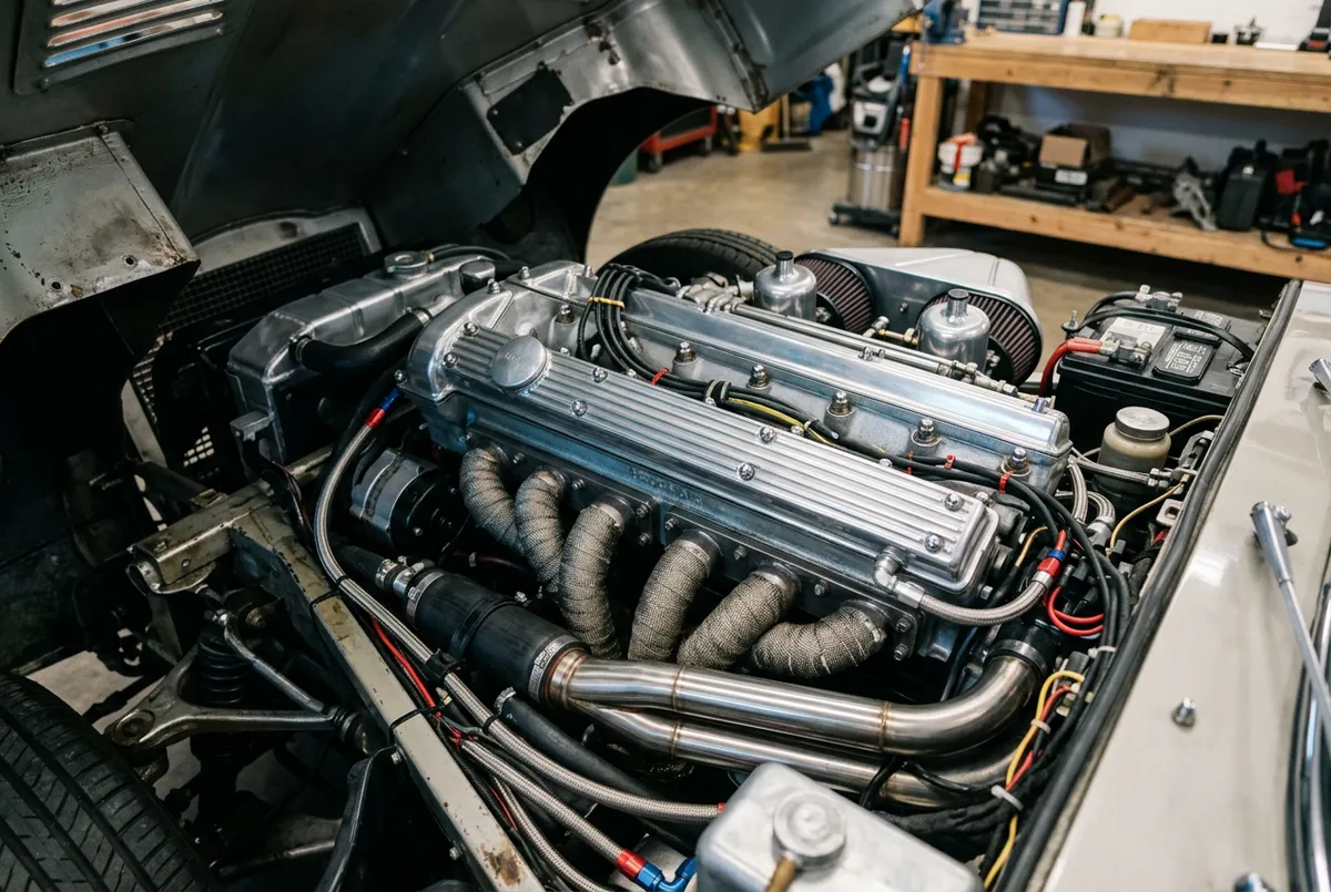 Detailed and dressed performance engine bay with degreased surfaces