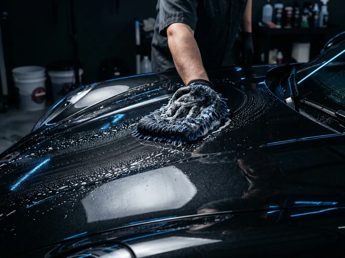 Two-bucket method wash mitt glide across dark metallic clear coat