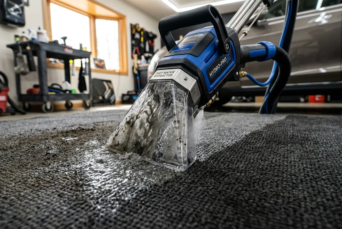 Commercial hot water extractor machine lifting grime from automotive carpet fibers