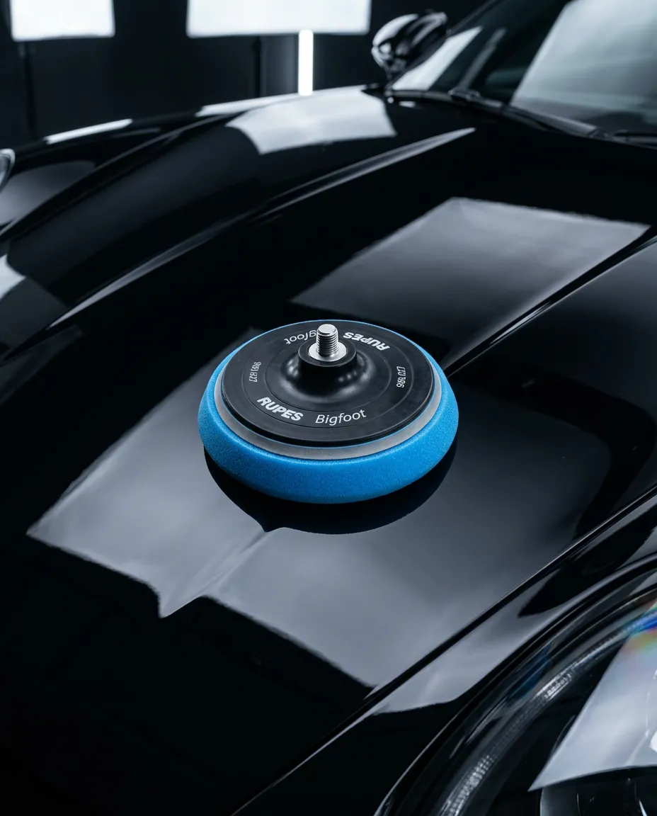 Close-up macro shot of a dual-action polishing pad resting on a deep gloss automotive paint panel with sharp reflections