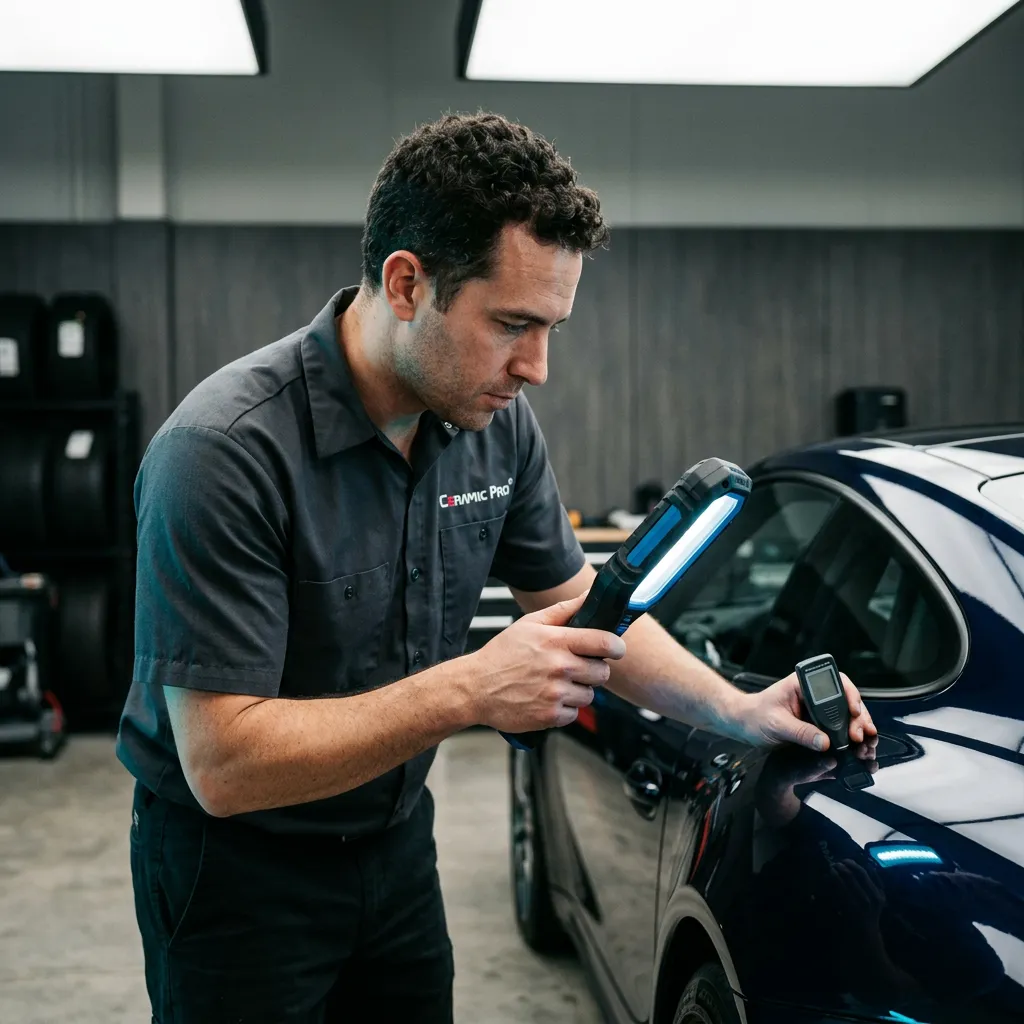 Master detailer Ali inspecting automotive clear coat depth with handheld LED inspection lamp in clean bay