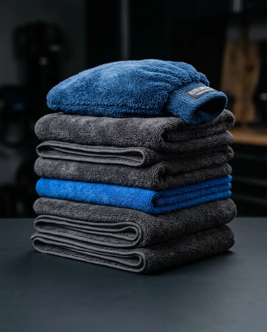 Stack of ultra-dense premium microfiber towels and a plush car wash mitt arranged for vehicle paint maintenance