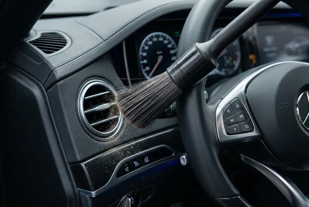Soft detailing brush cleaning intricate steering wheel controls and dashboard vents
