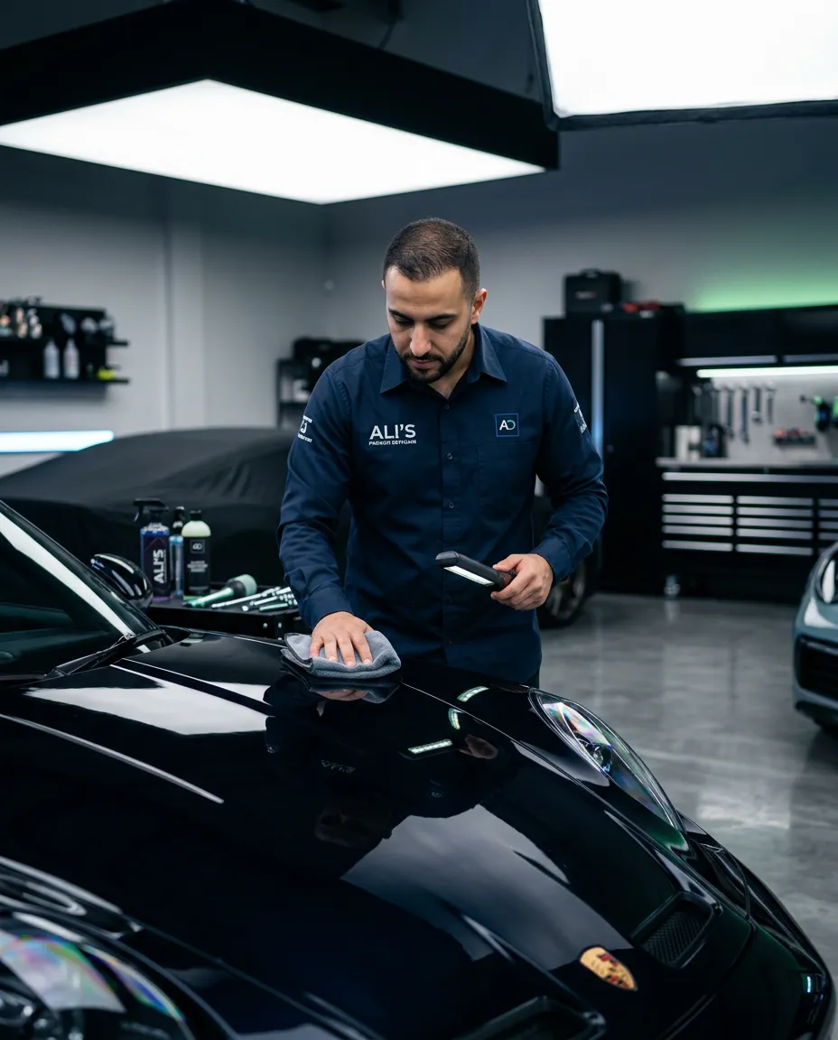 Ali inspecting a high-end sports car at his detailing studio in Tampa