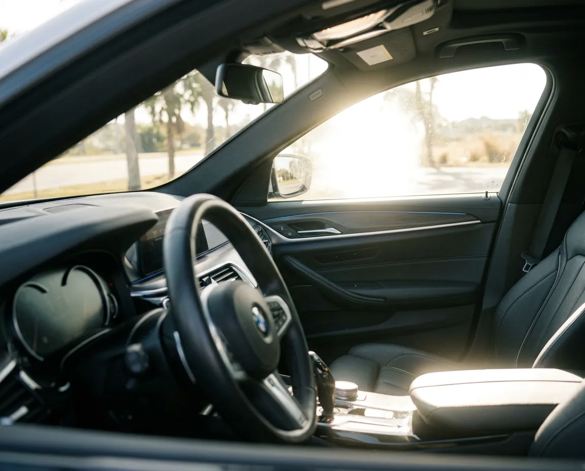 Driver shielding eyes from intense Florida sun glare while commuting on highway
