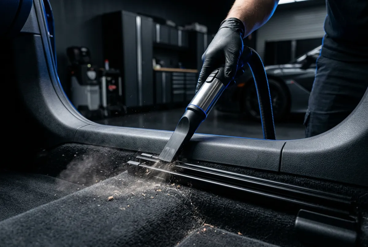 Detailer performing precision vacuuming and crevice purge along vehicle seat rails